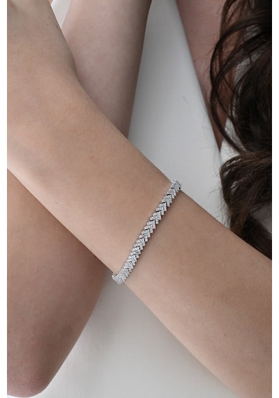Gümüş Rodyumlu Zirkon Taşlı Modern Görünümlü V Model Uzay Yolu Bileklik Barcode Gümüş