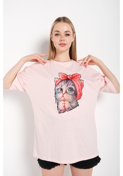 Flood Of Style Kadın Pudra Pembe Kedi Baskılı Oversize Tişört