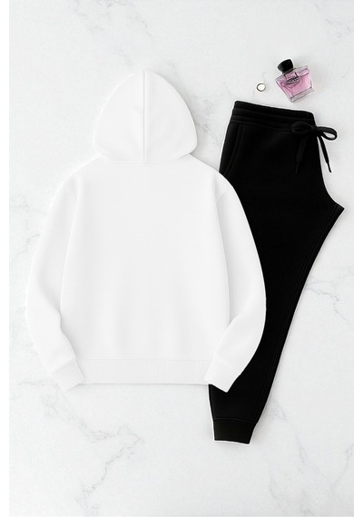 Uyguntarz Unisex Be Happy Baskılı Oversize Sweatshirt Takım Beyaz