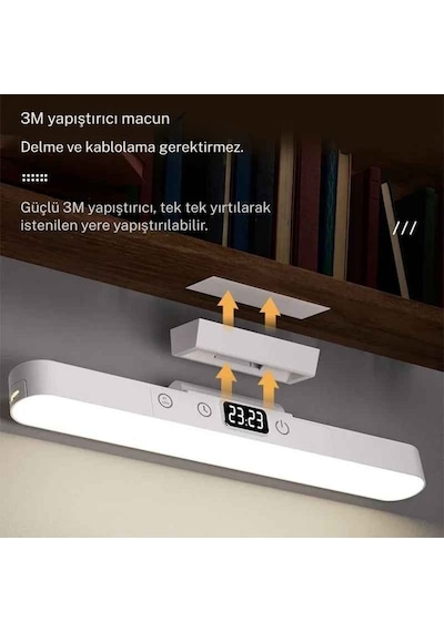 Monozone Şarj Edilebilir Manyetik Led Okuma Lambası Usb Dokunmatik Saat Göstergeli Masa Lambası Mutfak Beyaz Gün Işığı Sarı