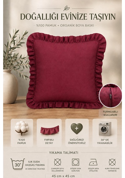 1 Adet Bordo Fırfırlı Dekoratif Kırlent Kılıfı %100 Pamuk 45x45 Cm