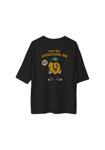 Qmen Style Unisex Siyah Oversize Baskılı T-shirt Limon %100 Pamuk