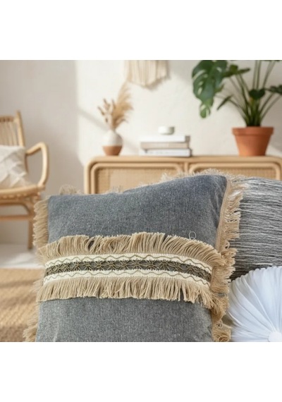 Gri Antrasit Jütlü Püskllü Kırlent 2 Adet Kırlent Kılıfı 43 X 43
