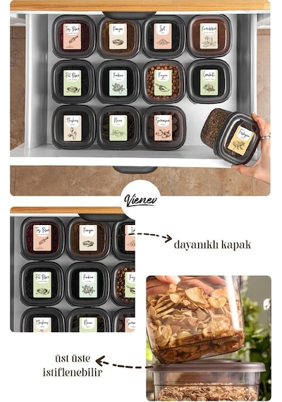 Vienev 18li Renkli Etiketli Peggy Kare Erzak Ve Baharat Full Set 6x 1,75 12x 0,45 Ant Çok Renkli