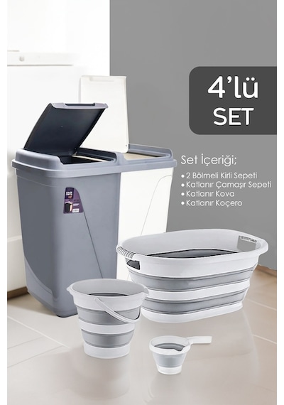 Meleni Home 4'lü Katlanır Çamaşır Sepeti Seti - 90 Lt Kirli Çamaşır Sepeti - Katlanır Sele - Su Kovası - Maşrapa Diğer