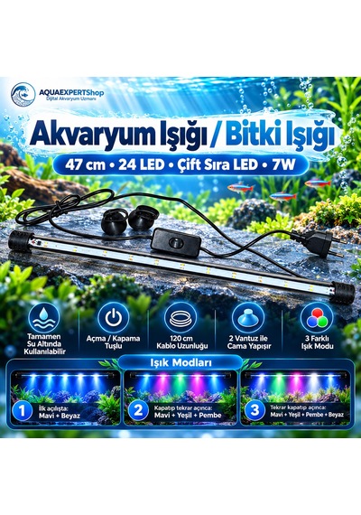 Akvaryum Işığı - Balık Işığı - Bitki Işığı - 47 Cm - 24 Led - Tamamen Su İçinde Kullanılabilir - 3 Modlu - 7w - Mükemmel Işık
