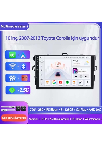 Otolas 2007-2013 Toyota Corolla Için 8+128gb, 10 Inç Gps & Wifi & Carplay Destekli, Kameralı Multimedya Navigasyon Sistemi 10"