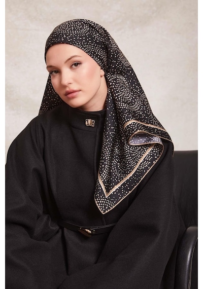 Levidor Noktalı Daireler Baskı Twill İpek Eşarp-0933 Siyah-camel