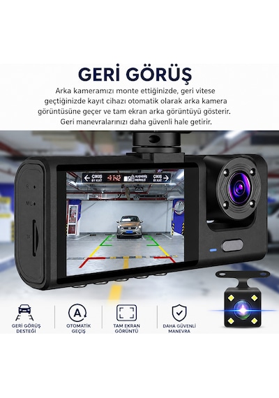 Bagajon C309 3 Kameralı Araç İçi Kamera Full Hd 1080p Ön İç Arka Kamera Gece Görüşlü 150 Geniş Açı G-sensör Döngü Kayıt Dash Cam