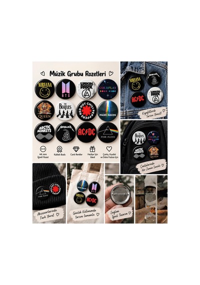 12 Li Müzik Grubu Rozet Seti 44 Mm Metallica, Nirvana, Ac/dc, Queen, Linkin Park Temalı İğneli Rozet Diğer