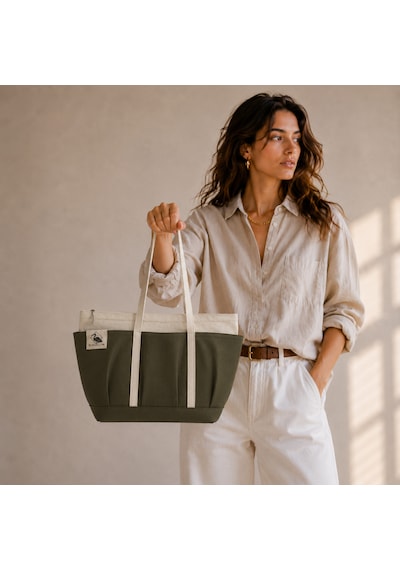 Bordglow Novaglow Design Serisi Küçük Boy - Siyah - Premium Kanvas Çanta - Tote Bag 9 Cep - Fermuarlı 32x22x10 Cm haki