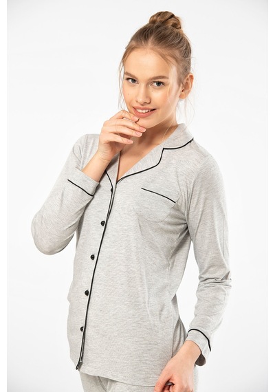 Türen 3365 Kadın Uzun Kollu Gömlek Yaka Pijama Takım-gri Gri
