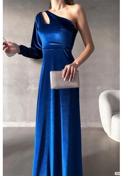 DefyModa Kadın Zarif Detay Esnek Kadife Kumaş Tek Omuz Abiye Elbise Saks