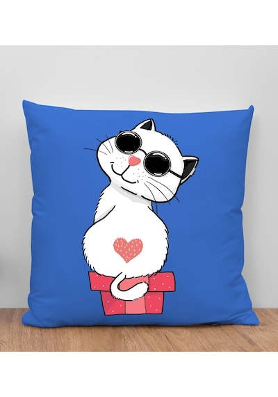 Bk Gift Kedi Tasarımlı Mavi Kırlent Yastık, Arkadaşa Hediye, Ev Dekorasyonu, Ev Hediyesi-6