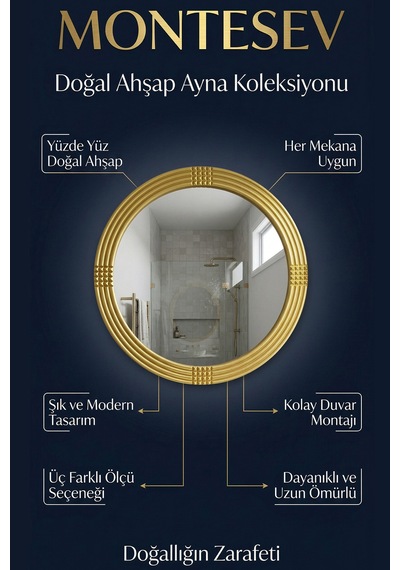 Led Işıklı Safir Altın Dekoratif İşlemeli Banyo Duvar Aynası 56 Cm Altın