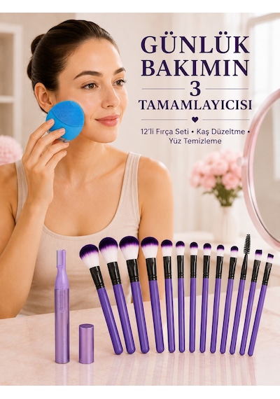 12 Li Makyaj Fırça Seti Kaş Düzeltme Cihazı Ve Yüz Temizleme Ciha