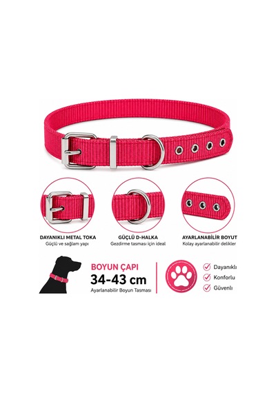 Köpek Boyun Tasması 34-43 Cm Dokuma Naylon Metal Tokalı D Halkalı Ayarlanabilir - Kırmızı Çok Renkli