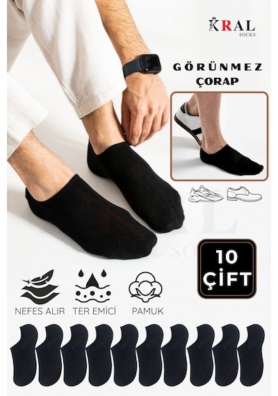 Kral Socks Kadın - Erkek Pamuklu Terletmez 10'lu - 10 Çift Yazlık Görünmez Çorap Siyah