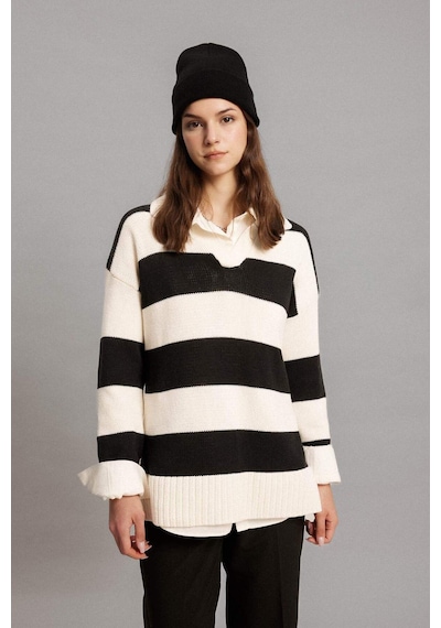 DeFacto Regular Fit Polo Yaka Çizgili Triko Kazak Tunik B8370AX24SPER133 Ekru