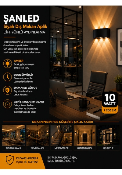 Dekoratif 10w Çift Yönlü Iç-dış Mekan Siyah Kasa Gün Işığı Duvar Aplik-2 Adet Amber Rengi