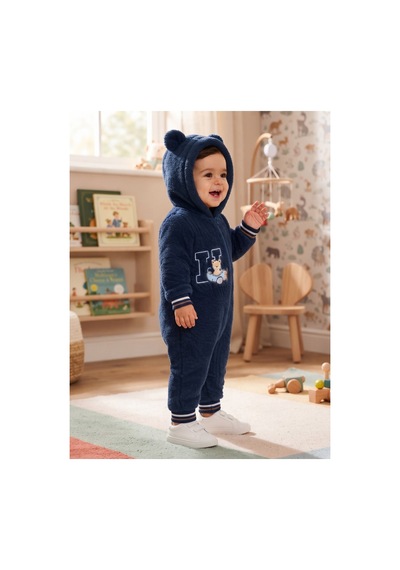 Chicsy Baby Tatlı Pilot Ayıcık Nakışlı Bebek Welsoft Tulum Kapüşonlu Kulaklı Fermuarlı Kışlık Peluş Tulum Lacivert
