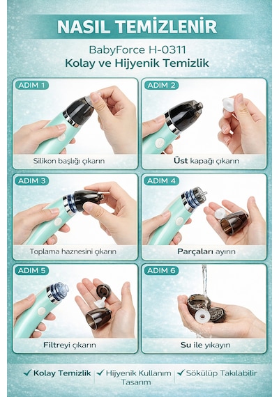 Babyforce BR-8820 0-12 Yaş Şarjlı Bebek Burun Aspiratörü 5 Kademe Güçlü Vakum Açık Yeşil