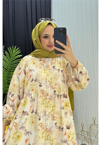 Neşeli Butik Kadın Sarı Boydan Düğmeli Çiçek Desenli Yazlık Tesettür Elbise Nms098