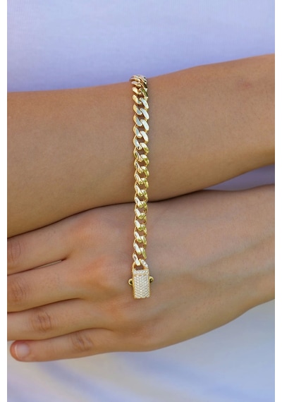 Çgk Çiğdem Gürel Kuyumculuk Çgk Royal Link 8 Ayar Altın Taşlı Gurmet Zincir Bileklik Kadın, Kutu Kilitli Premium Tasarım Gold