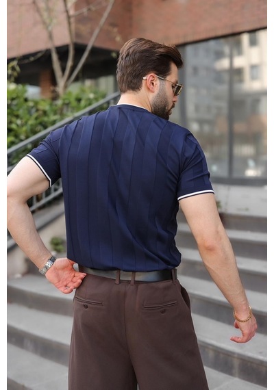 Madmext Lacivert Bisiklet Yaka Regular Fit Triko Erkek Tişört E7487