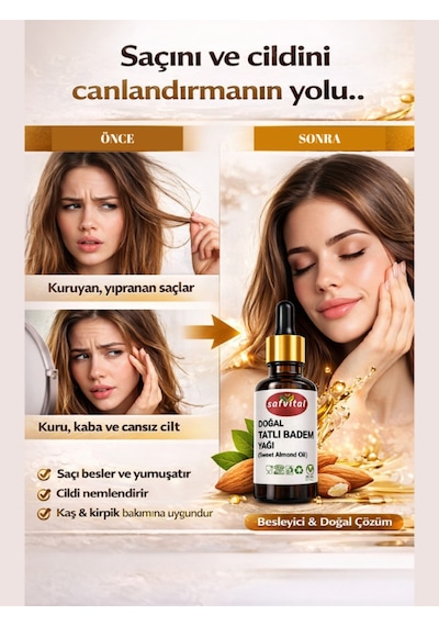 Safvital Tatlı Badem Yağı %100 Saf 20 Ml Saç Cilt Kaş Kirpik Besleyici Doğal Bakım Yağı Soğuk Pres