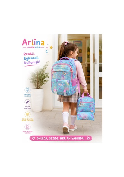 Kore Model 3 Lü Set Su Geçirmez Kız Çocuk Çantası Mavi-pembe Çanta-beslenme-kalemlik Seti Pembe - Mavi