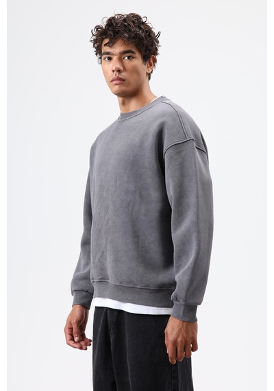 Vamos Basic Oversize Yıkamalı Sweatshirt Füme
