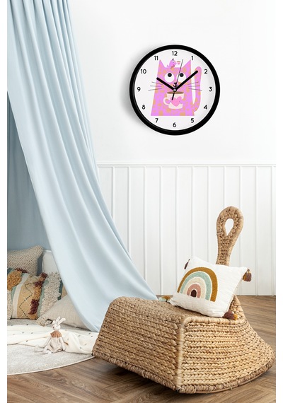 Kahve Içen Kedi Tasarım Modern Duvar Saati - Çocuk Odası Duvar Saati - 25cm - Önü Camlı Siyah Kasa-jh1171 Siyah