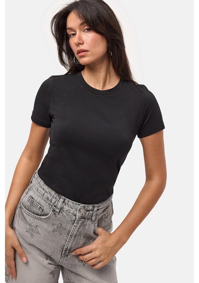 Kadın Siyah S6-1 Bisiklet Yaka %100 Organik Pamuk Esnek Kumaş T-shirt
