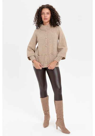 Desen Triko Kadın Dik Yaka Truvakar Kol Kısa Yün Ceket K.bej K.bej