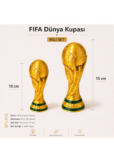 Fıfa Dünya Kupası Kupa Seti 10 Cm + 15 Cm 2'li Set 3d Baskı Dekoratif Kupa Altın