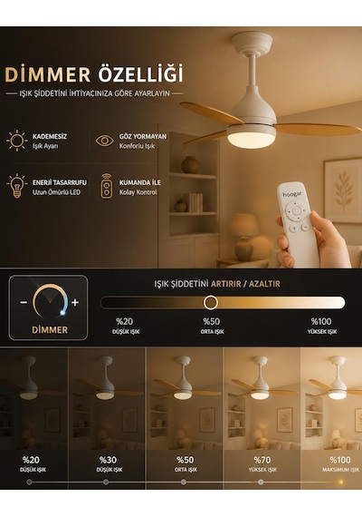 Hoogar Süper Sessiz 3 Renk Uzaktan Kumandalı Dimmer Ayarlı Özel Bambu 95 CM Kanatlı Tavan Vantilatörü BL Isınmaz Motor