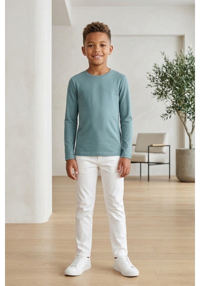Kiagu Erkek Çocuk Uzun Kollu Basic Düz Tişört %100 Pamuk Bisiklet Yaka T-shirt 2-13 Yaş Turkuaz