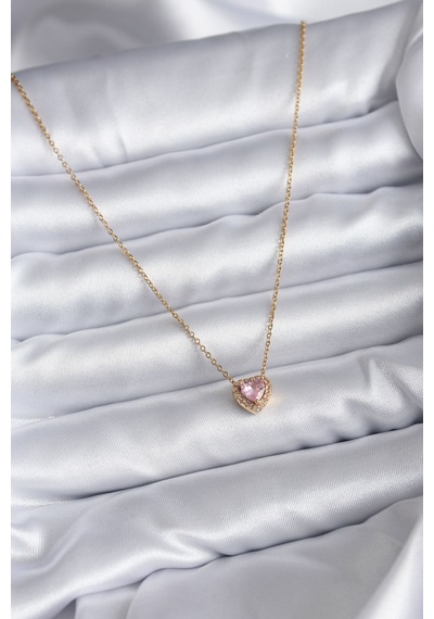 Ezoconcept 316l Çelik Zincir Gold Renk Pembe Zirkon Taşlı Charm Kadın Kolye