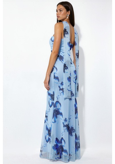Hiccup Straplez Çiçek Desenli Tül Kuşaklı Bodycon Maxi Elbise Bebek Mavisi