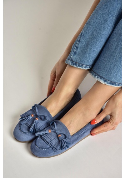 Fox Shoes Y996271002 Mavi Süet Püskül Detaylı Kadın Babet Mavi