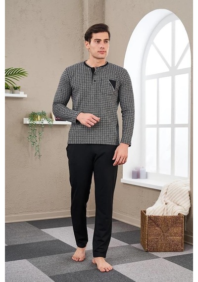 Pjs Gd Goldoremi 23709 Erkek Patlı Düğmeli Jakarlı Kışlık Uzun Kollu Pijama Takım Siyah
