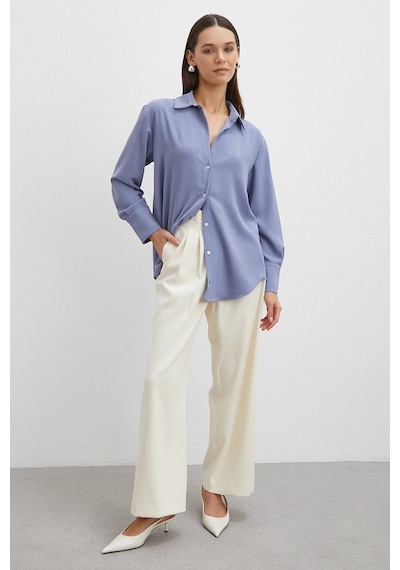 Never More Basic Polyester Gömlek İndigo Indigo