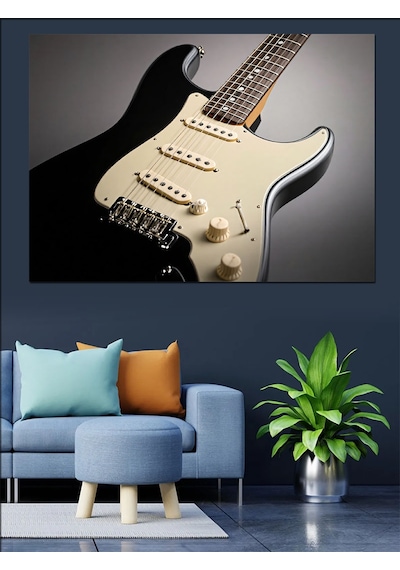 Siyah Elektro Gitar Dekoratif Kanvas - Mdf Ahşap Tablo