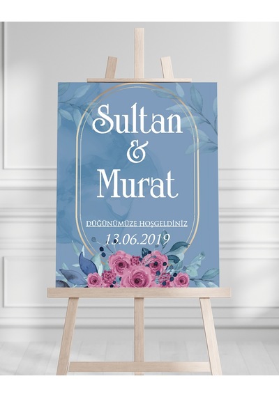Söz Nişan Düğün İçin 50x70 Karşılama Panosu - Mavi Çiçek Tasarımlı 2 Beyaz