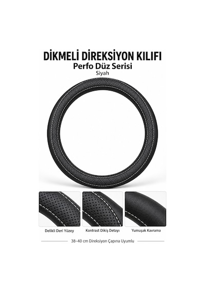 Trobus Volkswagen Taigo 2021-2025 Uyumlu Dikmeli Direksiyon Kılıfı Perfo Düz Delikli Deri Siyah