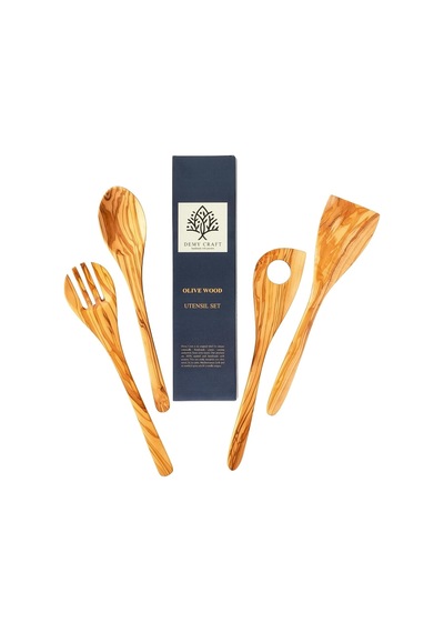 Zeytin Ağacı El Yapımı 4 Parça Mutfak Seti, Ahşap Kaşık, Çatal, Spatula, Delikli Spatula 30 Cm Diğer