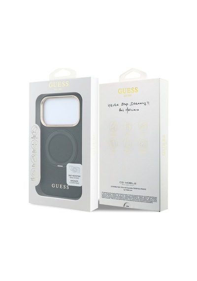 Apple iPhone Uyumlu 18 Pro Max Kılıf Guess Lisanslı M-safe Özellikli 360 Standlı Pu Metal Yazı Logolu Kapak Siyah