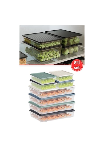 Flora 8'li Buzdolabı Düzenleyici Set, Buzluk Derin Dondurucu Buzdolabı Saklama Kabı 4x 1100,2200ml Şeffaf