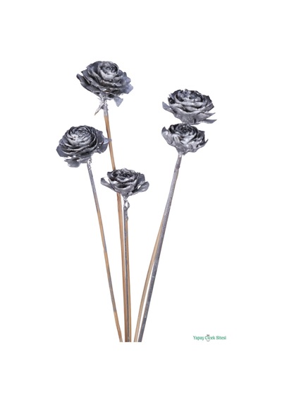 Yapay Çiçek Sitesi Kuru Çiçek Doğal Cedar Rose Gül 40 Cm 5li Gümüş Naturel
